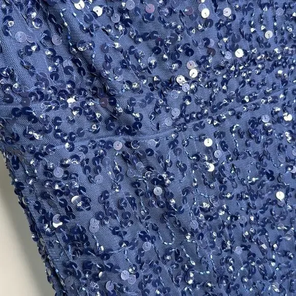 NWT MAC DUGGAL 10802 Navy Fully Sequined Ruffle Tiered 3/4 Sleeve Midi Dress - Picture 6 of 14